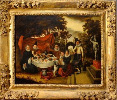École Hollandaise vers 1620 - Entourage de David VINCKBOONS Repas dans un parc Panneau...