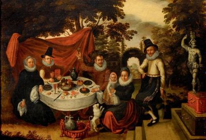 École Hollandaise vers 1620 - Entourage de David VINCKBOONS Repas dans un parc Panneau...