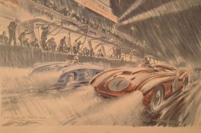 D'après Géo Ham (Georges Hamel 1900-1972) Les 24 Heures du Mans 1954 La Ferrari de...