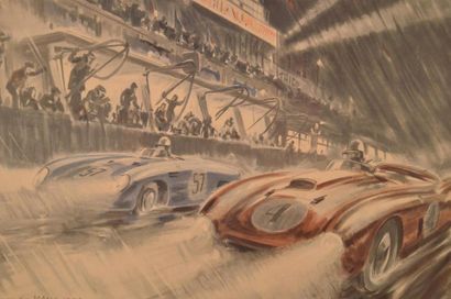 D'après Géo Ham (Georges Hamel 1900-1972) Les 24 Heures du Mans 1954 La Ferrari de...