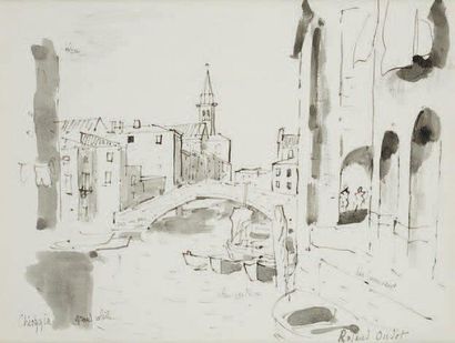 Roland OUDOT (1897-1981) Chioggia, grand soleil Encre et lavis, signée en bas à droite,...