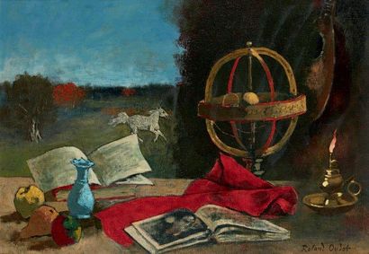 Roland OUDOT (1897-1981) Nature morte à l'astrolabe Huile sur toile, signée en bas...