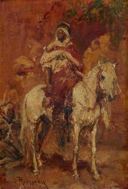 Henri Emilien ROUSSEAU (1875-1933) Cavalier arabe Huile sur panneau, signée en bas...