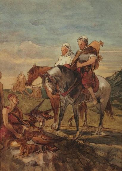 Eugène FROMENTIN (1820-1876) Chasse au vol Aquarelle, monogrammée en bas à droite...