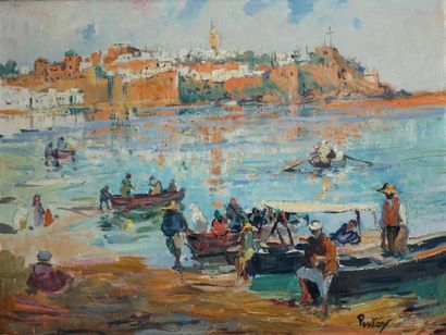 Henri PONTOY (1888-1968) Le Port de Rabat Huile sur toile, signée en bas à droite...