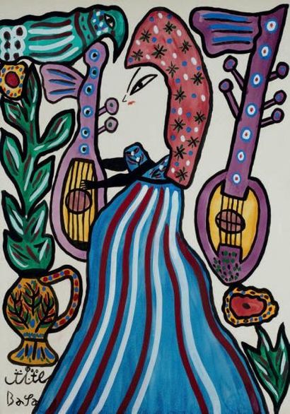 BAYA MAHIEDDINE (1931-1998) Musicienne Aquarelle sur papier, signée en bas en gauche...