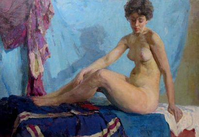 Rem Nikolaevich ERMOLIN (1928-2004) Nu sur fond bleu, 1959 Huile sur toile, signée...