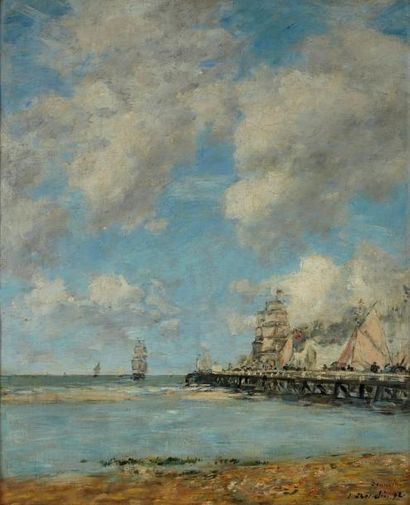 EUGENE LOUIS BOUDIN (1824-1898) Deauville, la jetée, 1892 Huile sur panneau, signée,...