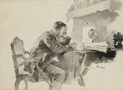 Alphonse MUCHA (1860-1939) La lettre, autoportrait Encre et aquarelle, signée en...