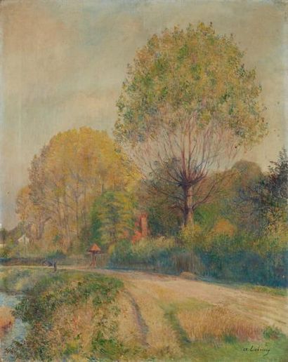 ALBERT LEBOURG (1849-1928) Promenade sur les berges au printemps Huile sur toile,...