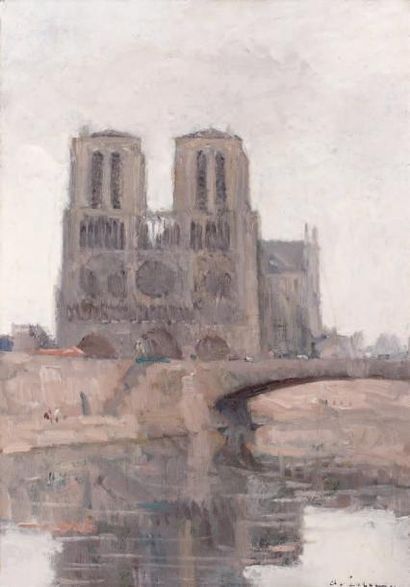 ALBERT LEBOURG (1849-1928) Notre-Dame de Paris par temps gris Huile sur toile, signée...