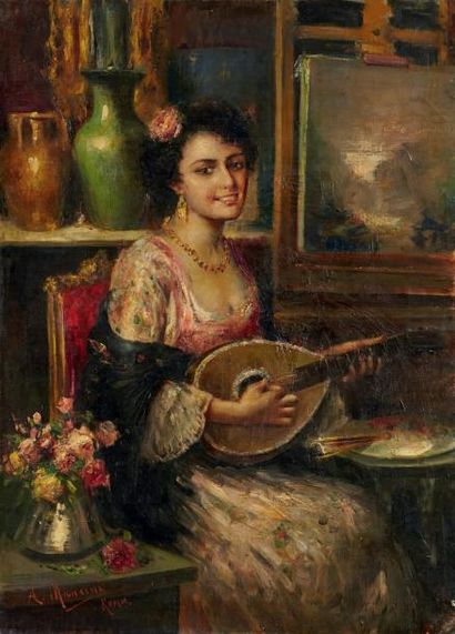Antonio Mancini (1852-1930) Jeune musicienne dans l'atelier du peintre Huile sur...