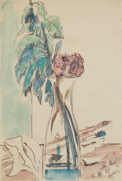Filippo DE PISIS (1896-1956) Bouquet de fleurs et pinceaux, 1926 Encre et aquarelle...