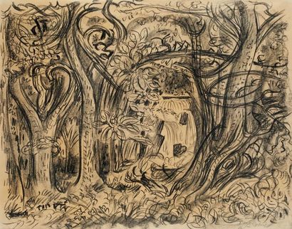André MASSON (1896-1987) Paysage du Connecticut, 1942 Fusain sur papier, signé en...