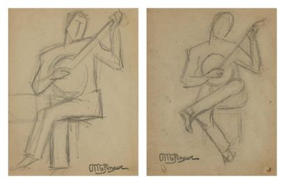 Jean METZINGER (1883-1956) Quatre études de guitariste Deux dessins au crayon en...