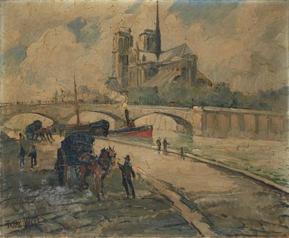 FRANK-WILL (1900-1951) Sur les quais devant Notre Dame Huile sur toile, signée en...