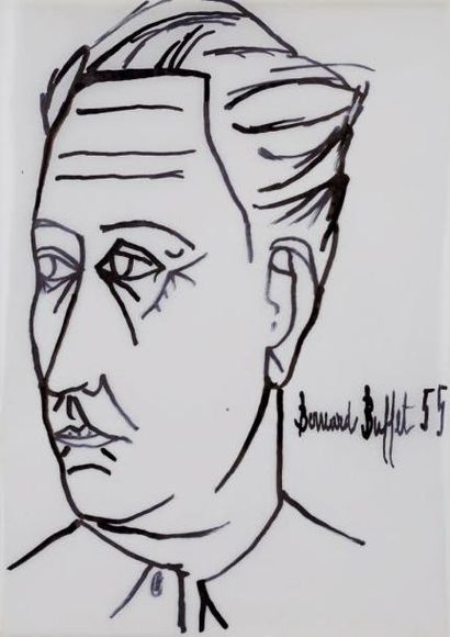 Attribué à Bernard BUFFET (1928-1999) Portrait de Giono, 1955 Encre sur papier calque,...