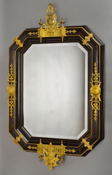EDOUARD LIEVRE (1810-1892) Exceptionnel et rarissime miroir en bois exotique teinté...