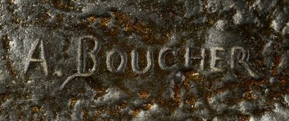 Alfred BOUCHER (1850-1934) «Au but» Rare paire de sculptures en bronze à patine noire....