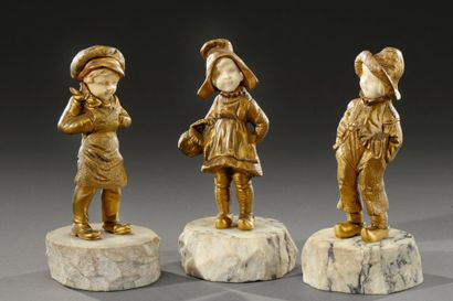 CHARLES BAILLY (1830-1895) Suite de trois statuettes chryséléphantines en bronze...