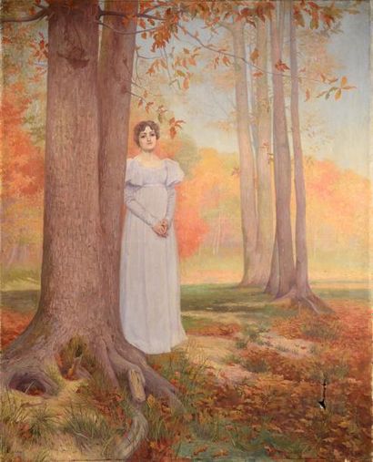 P.LOUBERE (XIX-XXème) Huile sur toile figurant une femme dans une forêt automnale....