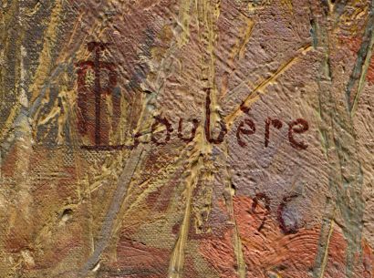 P.LOUBERE (XIX-XXème) Huile sur toile figurant une femme dans une forêt automnale....