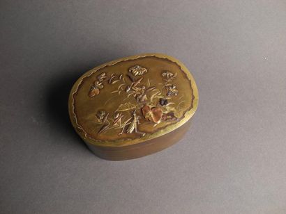 JAPON Boîte ovale en laiton, cuivre et argent, à décor d'insectes et fleurs Signée...