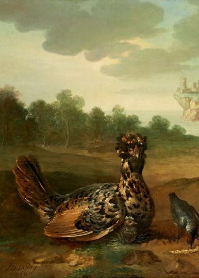 Jean Baptiste OUDRY (1685-1755) et son atelier Poule de Houdan et ses petits dans...