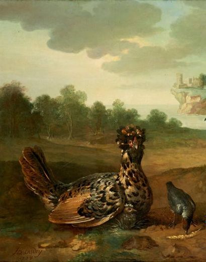 Jean Baptiste OUDRY (1685-1755) et son atelier Poule de Houdan et ses petits dans...