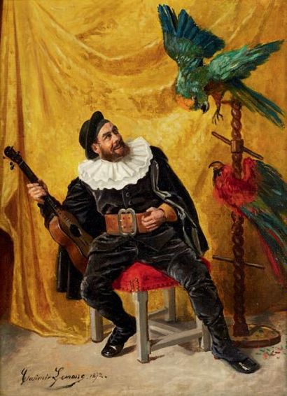 Casimir LEMAIRE Le perroquet capricieux Huile sur toile, signée et datée 1872 en...