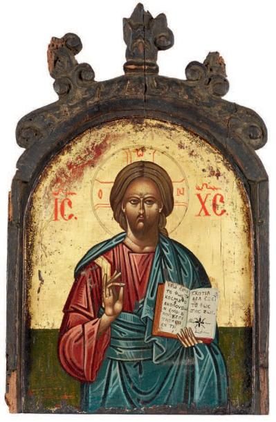 null Icône du Christ Pantocrator. Grèce. 19e s. Icône en bois sculpté et peinte....