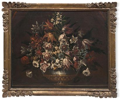 Attribué à Francesco MONTOVANO Ecole Italienne du XVIIÈME Bouquet de fleurs dans...