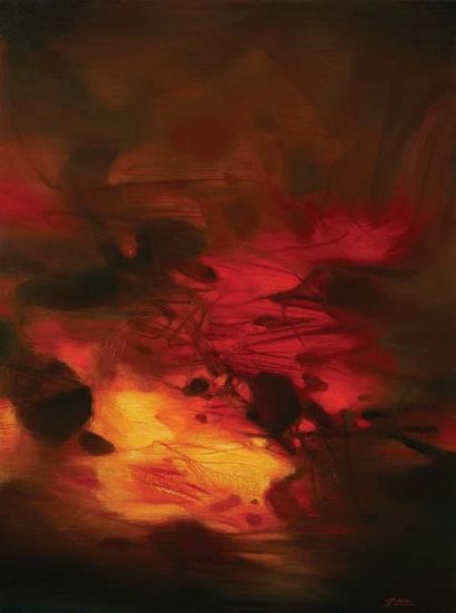 CHU TEH-CHUN (1920-2014) Composition à fond rouge, 1979 Huile sur toile, signée en...