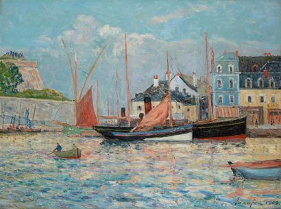 Maxime MAUFRA (1861-1918) Le bassin à flots du port de Palais, Belle-Ile en mer,...