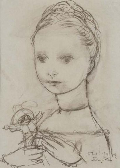 Leonard Tsuguharu FOUJITA (1886-1968) Jeune fille à la rose, 1949 Crayon sur papier...