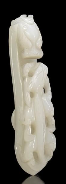CHINE Agrafe Daiku en jade blanc sculptée en relief de deux chimères opposées. Début...