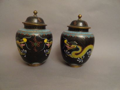 CHINE Paire de petites potiches couvertes de forme balustre en bronze cloisonné décorées...
