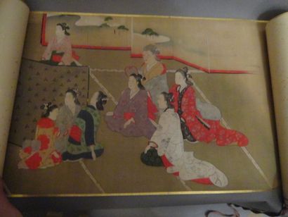 JAPON Peinture sur soie peinte à l'horizontale animée de scènes de gynécée et de...