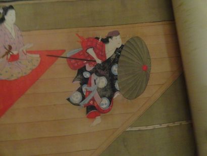 JAPON Peinture sur soie peinte à l'horizontale animée de scènes de gynécée et de...