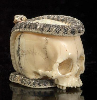 JAPON Crâne en ivoire sculpté entouré par une couleuvre, Période Meiji Long.: 5 cm...