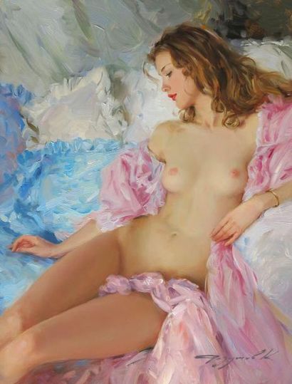 Constantin RAZOUMOV (né en 1974) Le déshabillé rose Huile sur toile, signée en bas...