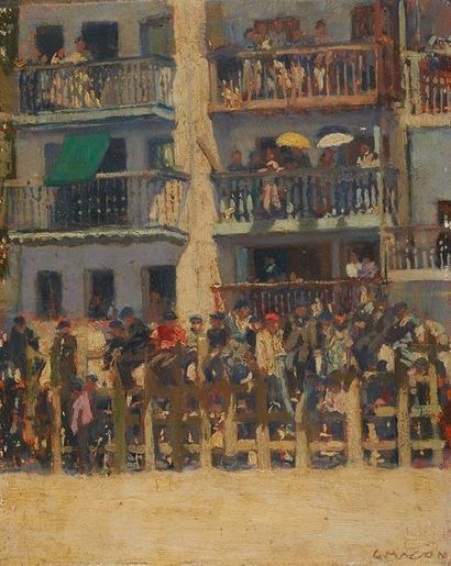 Georges MASSON (1875-1949) Spectateurs à Pasajes Huile sur panneau, signée en bas...