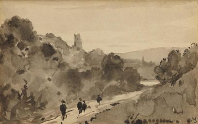 Henri HARPIGNIES (Valenciennes, 1819-Saint-Privé, 1916) Le château de Clisson Plume,...