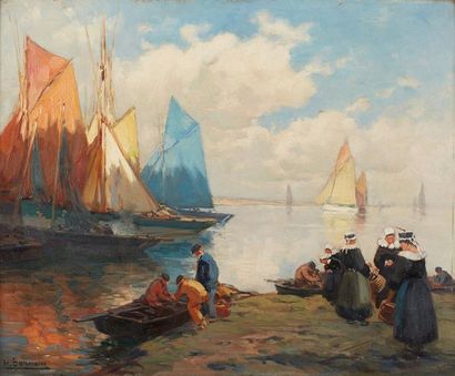 Henri BARNOIN (1882-1940) Le retour des pêcheurs en Bretagne Huile sur panneau, signée...