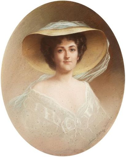 Ecole française, 1912 Portrait d'élégante au chapeau Pastel ovale, signé daté 1912...