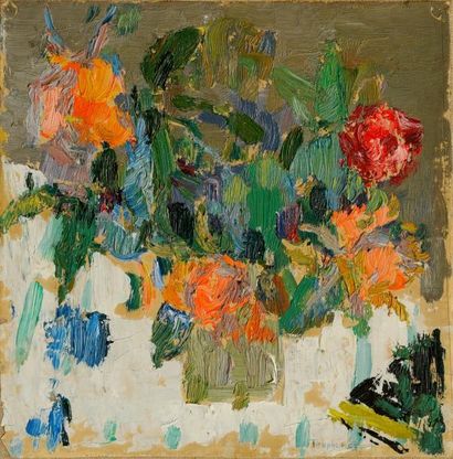 Jacques TRUPHEMUS (Né en 1922) Bouquet de fleurs Huile sur papier marouflé sur toile...