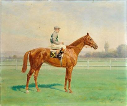 Eugène PECHAUBES (1890-1967) Le cheval et son jockey Huile sur toile Signée en bas...