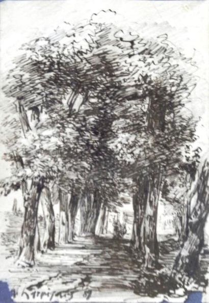 Henri Joseph HARPIGNIÈS (1819-1916) Chemin sous les bois Encre signée en bas à gauche...