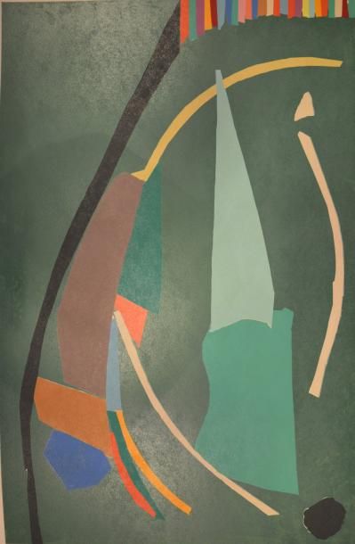 André LANSKOY (1902-1976) Composition type collage sur fond vert Lithographie en...