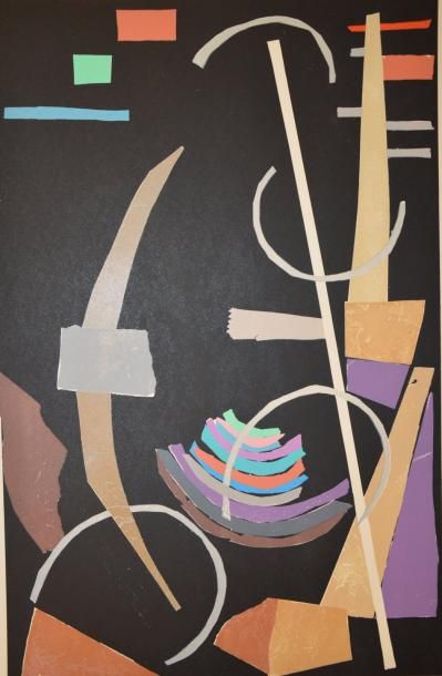 André LANSKOY (1902-1976) Composition type collage sur fond noir Lithographie en...